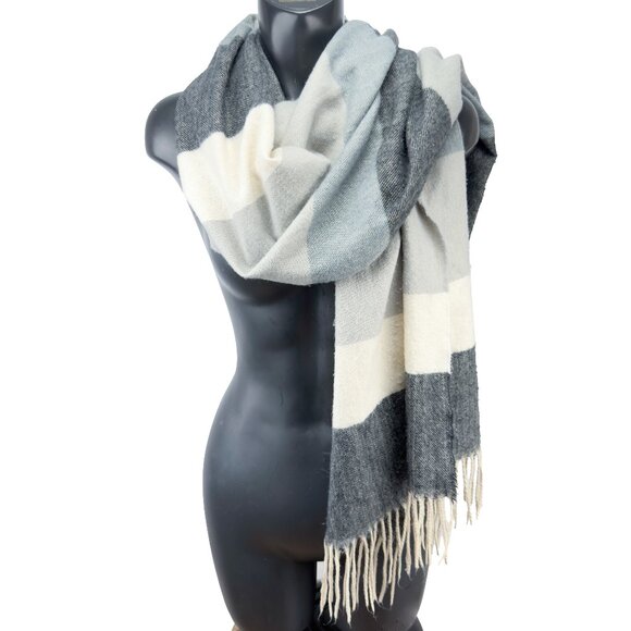 ZARA Oversized Color-Block Fringe Gray/Ivory/Blue Scarf Wrap Shawl 26βx73β - Picture 1 of 3